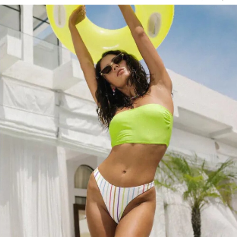 Cupshe Candy Stripe Bandeau Midkini Ultra Cheeky Hipster Bikini Set Yellow M